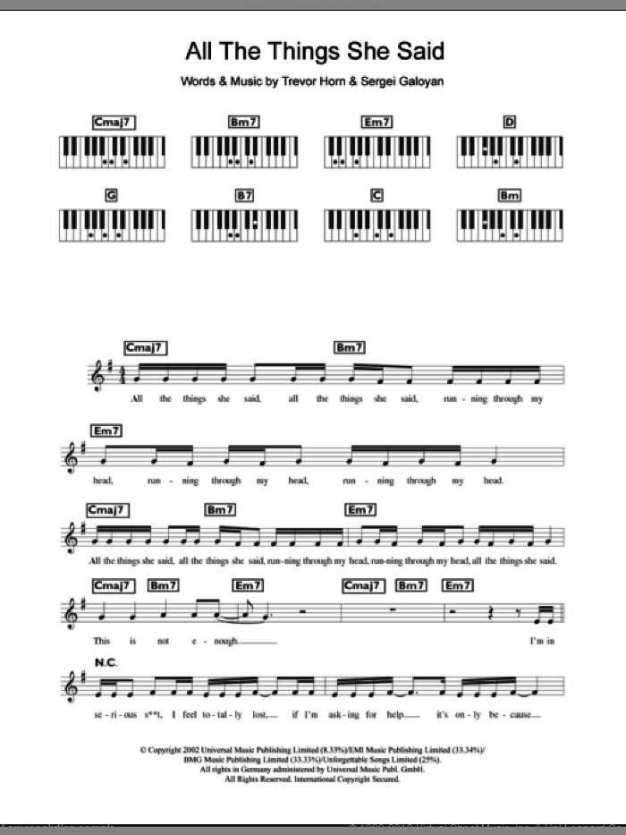 All The Things She Said sheet music for piano solo (chords, lyrics, melody) by Tatu, Sergei Galoyan and Trevor Horn, intermediate piano (chords, lyrics, melody)