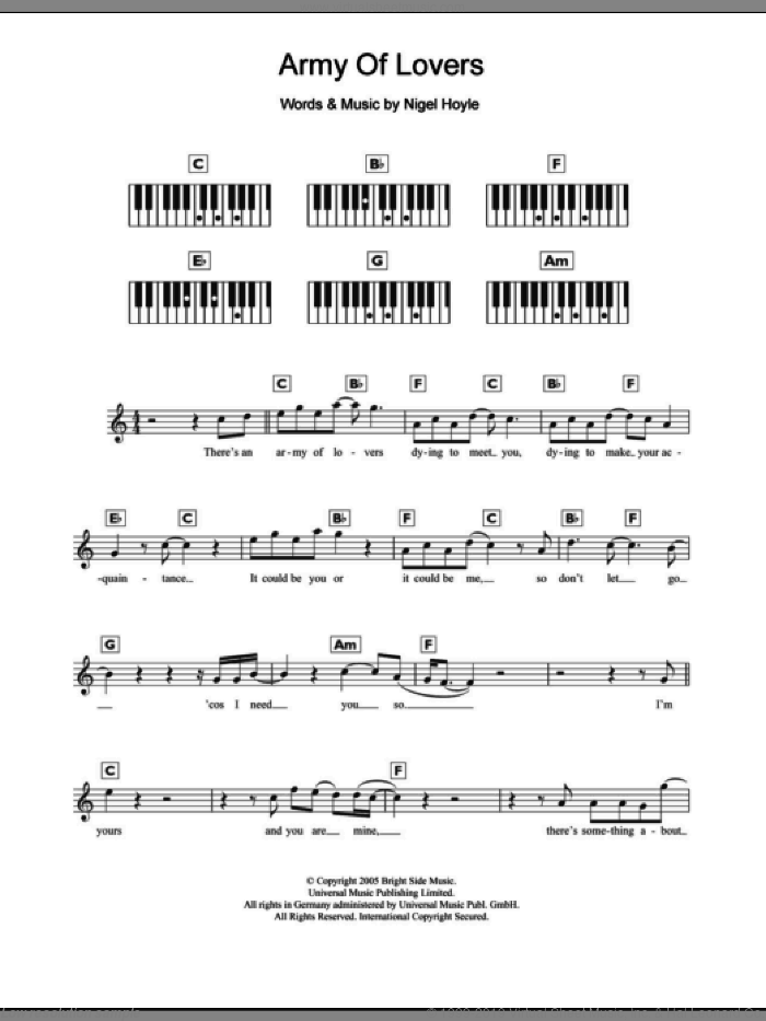 Army Of Lovers sheet music for piano solo (chords, lyrics, melody) by Lee Ryan and Nigel Hoyle, intermediate piano (chords, lyrics, melody)
