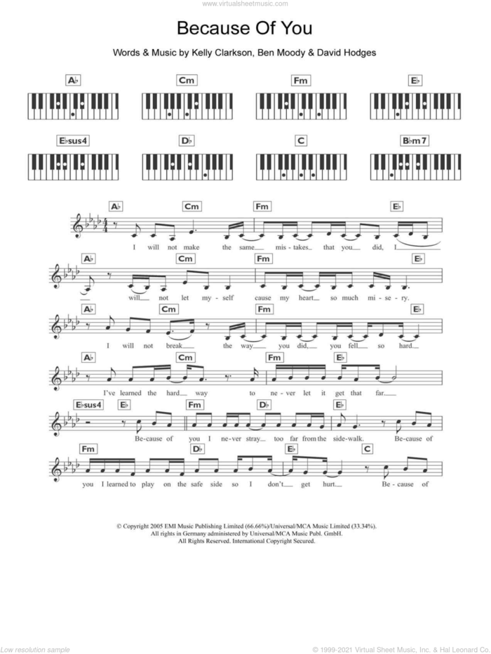 Because Of You sheet music for piano solo (chords, lyrics, melody) by Kelly Clarkson, Ben Moody and David Hodges, intermediate piano (chords, lyrics, melody)