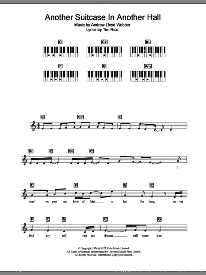 Another Suitcase In Another Hall (from Evita) sheet music for piano solo (chords, lyrics, melody) by Andrew Lloyd Webber, Evita (Musical) and Tim Rice, intermediate piano (chords, lyrics, melody)