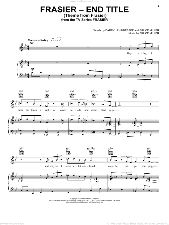 Theme From Frasier sheet music for voice, piano or guitar by Bruce Miller and Darryl Phinnessee, intermediate skill level