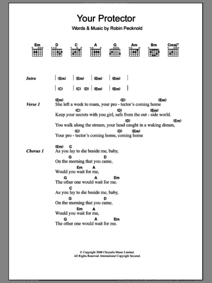 Your Protector sheet music for guitar (chords) by Fleet Foxes and Robin Pecknold, intermediate skill level