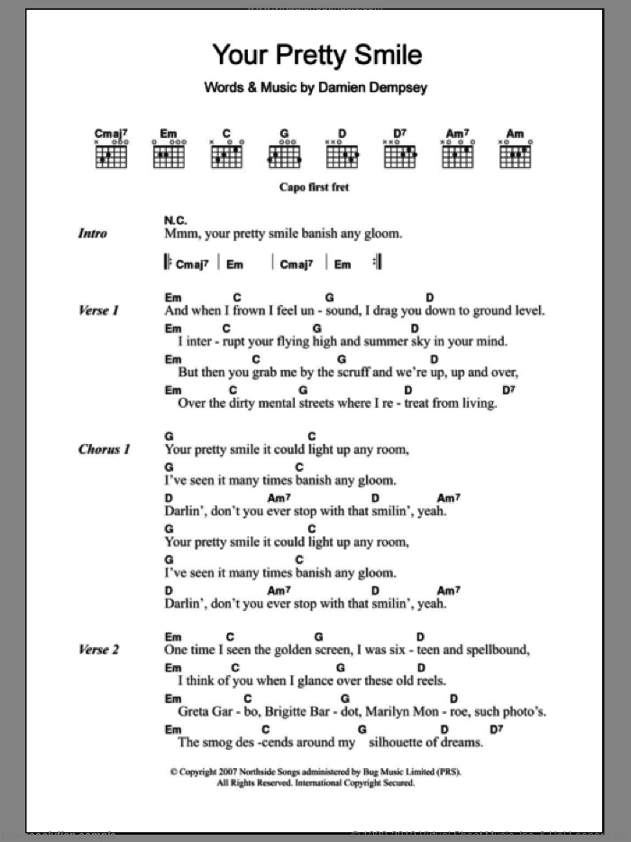 Your Pretty Smile sheet music for guitar (chords) by Damien Dempsey, intermediate skill level