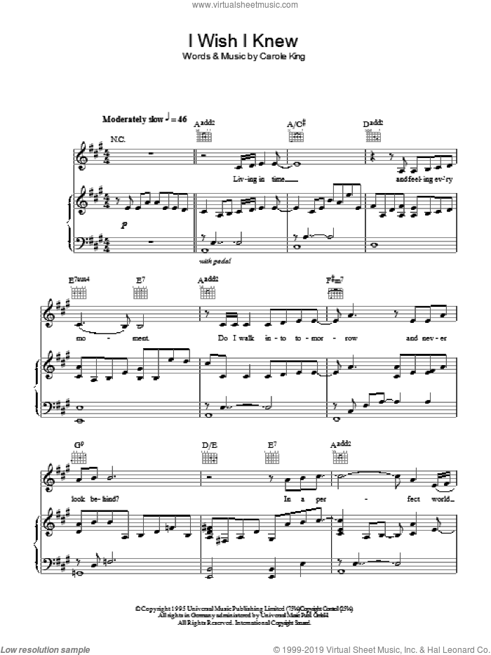 I Wish I Knew sheet music for voice, piano or guitar by Carole King, intermediate skill level