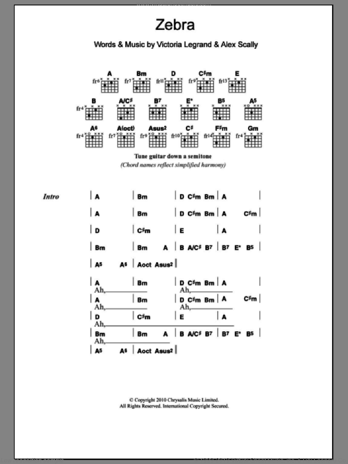 Zebra sheet music for guitar (chords) by Beach House, Alex Scally and Victoria Legrand, intermediate skill level