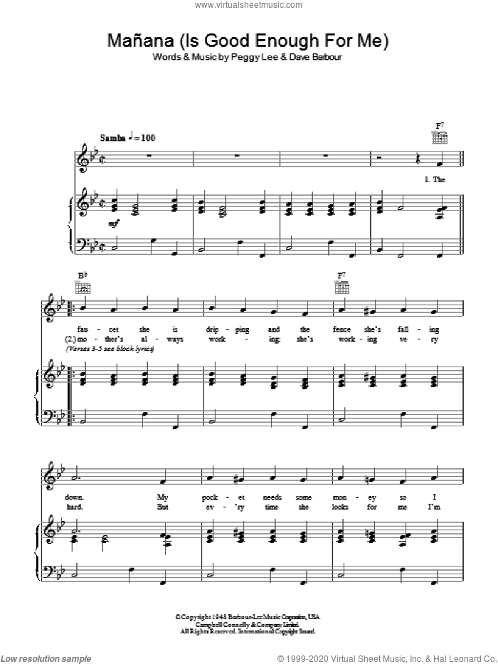 Manana sheet music for voice, piano or guitar by Peggy Lee and Dave Barbour, intermediate skill level
