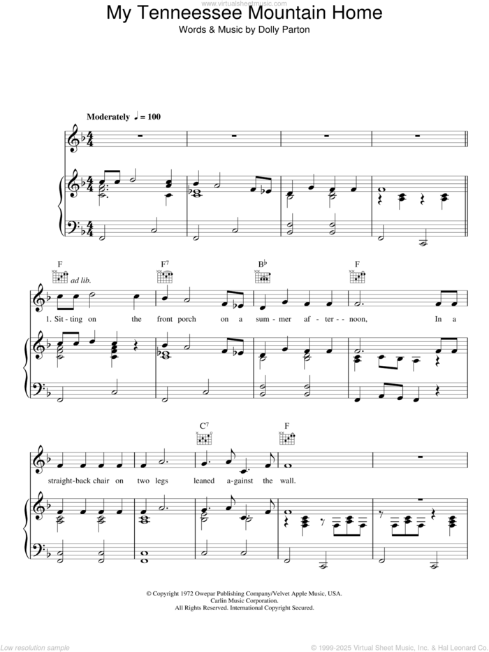 My Tennessee Mountain Home sheet music for voice, piano or guitar by Dolly Parton, intermediate skill level