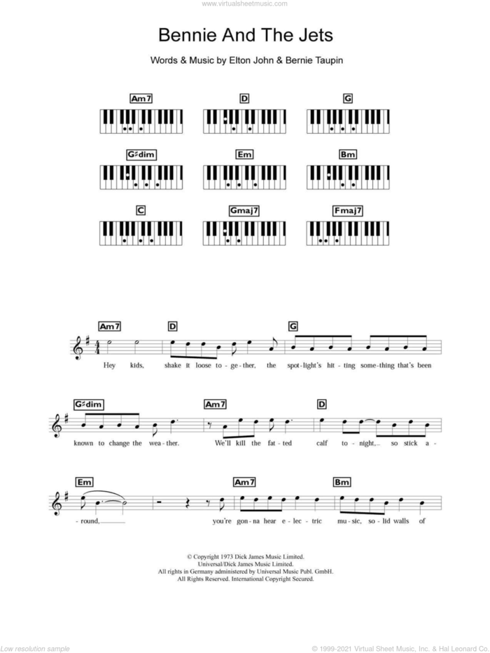 Bennie And The Jets sheet music for piano solo (chords, lyrics, melody) by Elton John and Bernie Taupin, intermediate piano (chords, lyrics, melody)