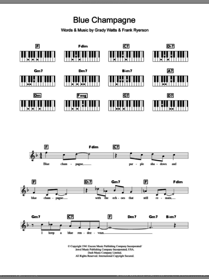 Blue Champagne sheet music for piano solo (chords, lyrics, melody) by Jimmy Dorsey, Frank Ryerson and Grady Watts, intermediate piano (chords, lyrics, melody)