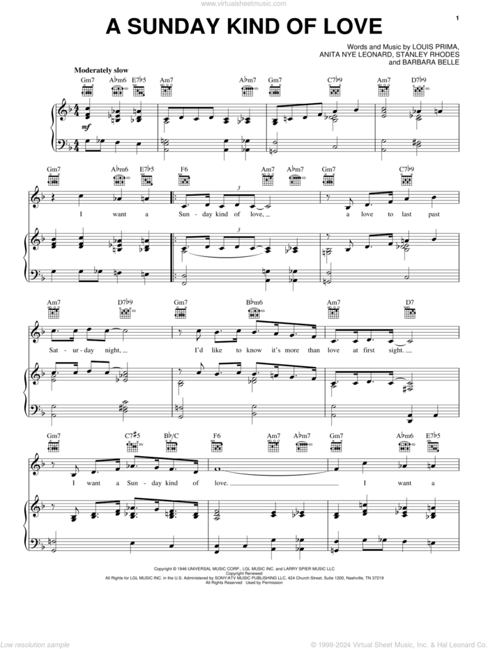 A Sunday Kind Of Love sheet music for voice, piano or guitar by The Harptones, Etta James, Jo Stafford, Reba McEntire, Anita Leonard Nye, Barbara Belle, Louis Prima and Stan Rhodes, wedding score, intermediate skill level