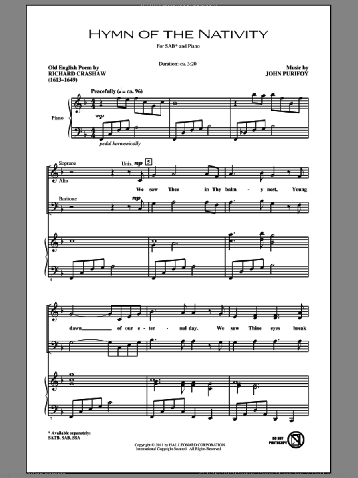 Hymn Of The Nativity sheet music for choir (SAB: soprano, alto, bass) by John Purifoy and Richard Crashaw, intermediate skill level