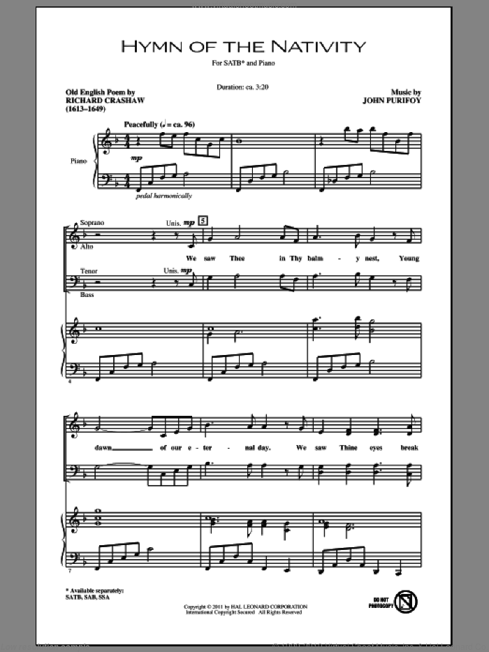 Hymn Of The Nativity sheet music for choir (SATB: soprano, alto, tenor, bass) by John Purifoy and Richard Crashaw, intermediate skill level