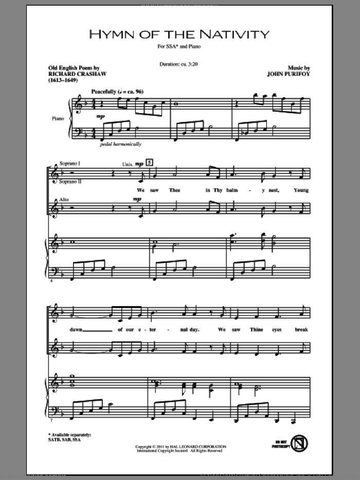 Hymn Of The Nativity sheet music for choir (SSA: soprano, alto) by John Purifoy and Richard Crashaw, intermediate skill level
