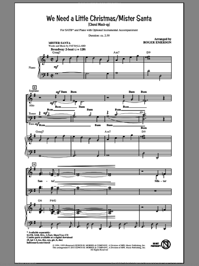 We Need A Little Christmas / Mister Santa sheet music for choir (SATB: soprano, alto, tenor, bass) by Pat Ballard and Roger Emerson, intermediate skill level