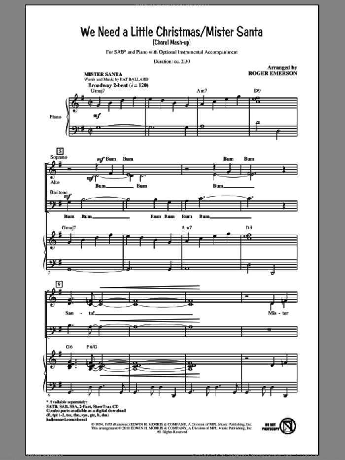 We Need A Little Christmas / Mister Santa sheet music for choir (SAB: soprano, alto, bass) by Pat Ballard and Roger Emerson, intermediate skill level