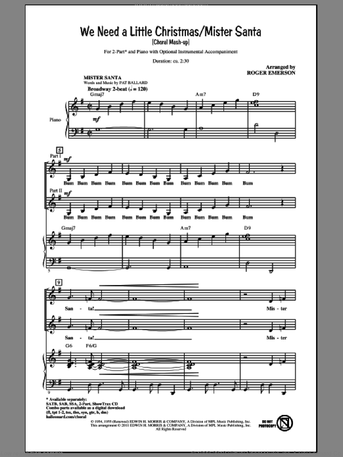 We Need A Little Christmas / Mister Santa sheet music for choir (2-Part) by Pat Ballard and Roger Emerson, intermediate duet