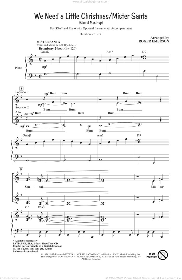 We Need A Little Christmas / Mister Santa sheet music for choir (SSA: soprano, alto) by Pat Ballard and Roger Emerson, intermediate skill level
