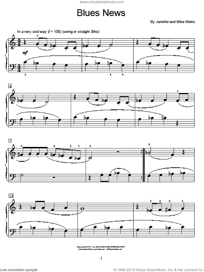 Blues News sheet music for piano solo (elementary) by Jennifer Watts and Mike Watts, beginner piano (elementary)