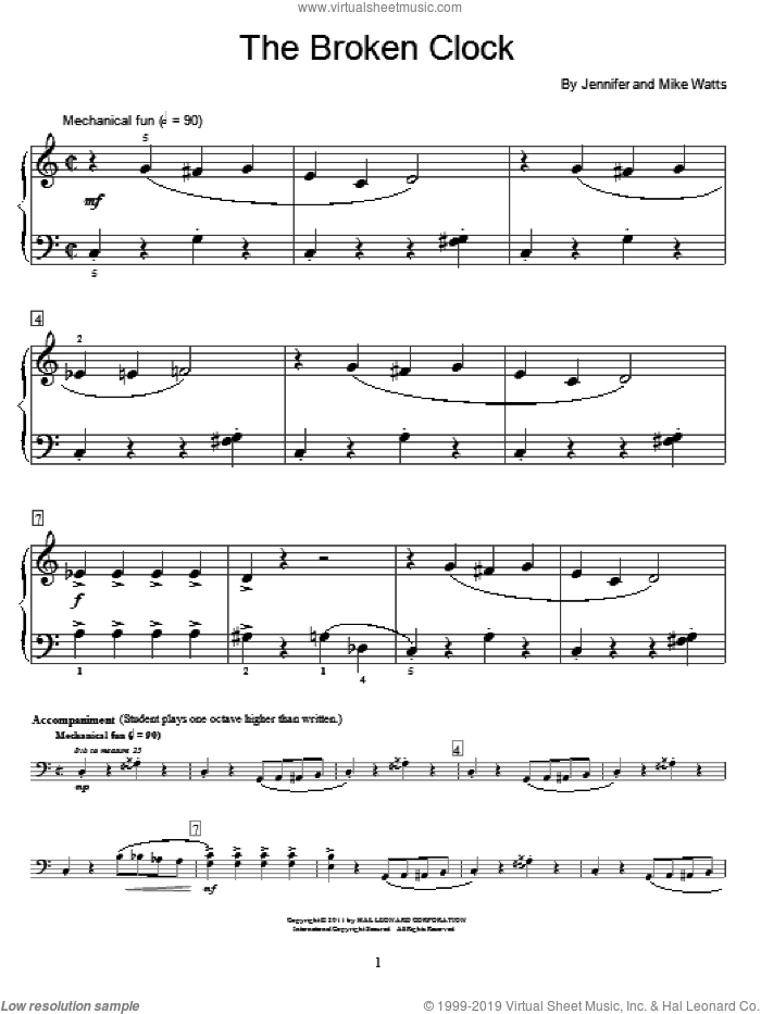 The Broken Clock sheet music for piano solo (elementary) by Jennifer Watts and Mike Watts, beginner piano (elementary)