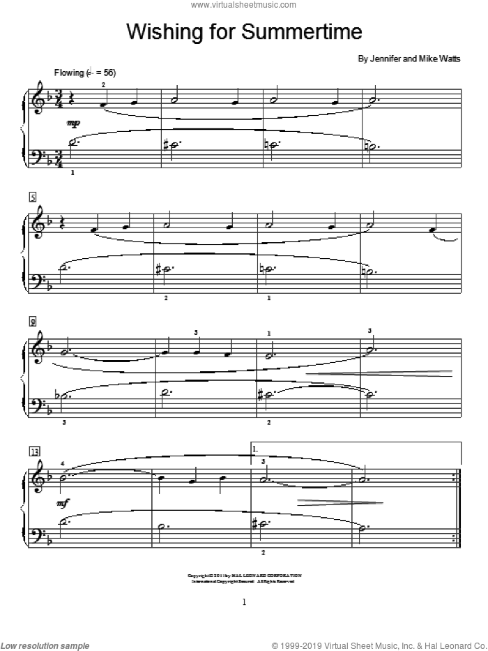 Wishing For Summertime sheet music for piano solo (elementary) by Jennifer Watts and Mike Watts, beginner piano (elementary)