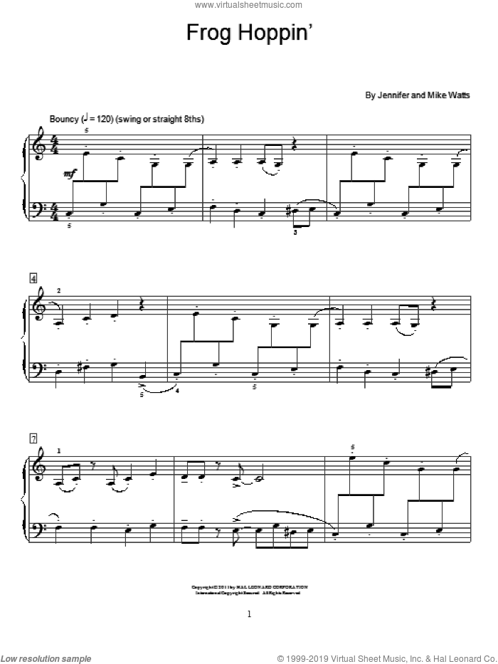 Frog Hoppin' sheet music for piano solo (elementary) by Jennifer Watts and Mike Watts, beginner piano (elementary)
