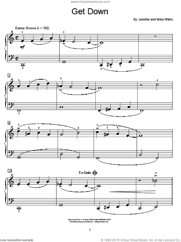 Get Down sheet music for piano solo (elementary) by Jennifer Watts and Mike Watts, beginner piano (elementary)