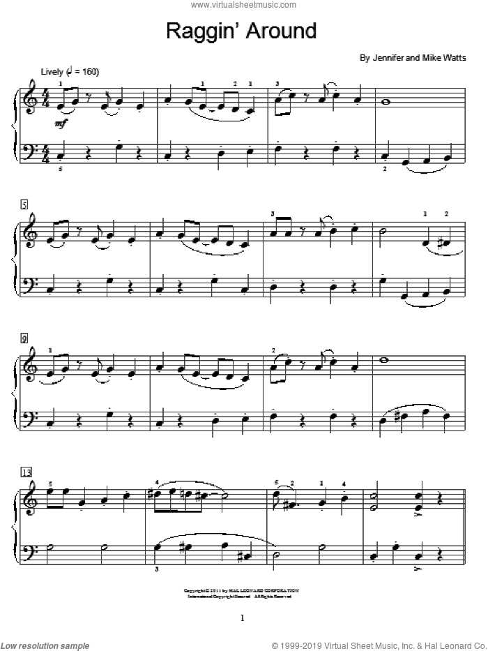 Raggin' Around sheet music for piano solo (elementary) by Jennifer Watts and Mike Watts, beginner piano (elementary)