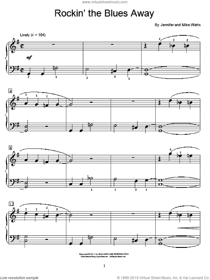 Rockin' The Blues Away sheet music for piano solo (elementary) by Jennifer Watts and Mike Watts, beginner piano (elementary)