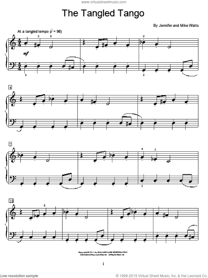 The Tangled Tango sheet music for piano solo (elementary) by Jennifer Watts and Mike Watts, beginner piano (elementary)