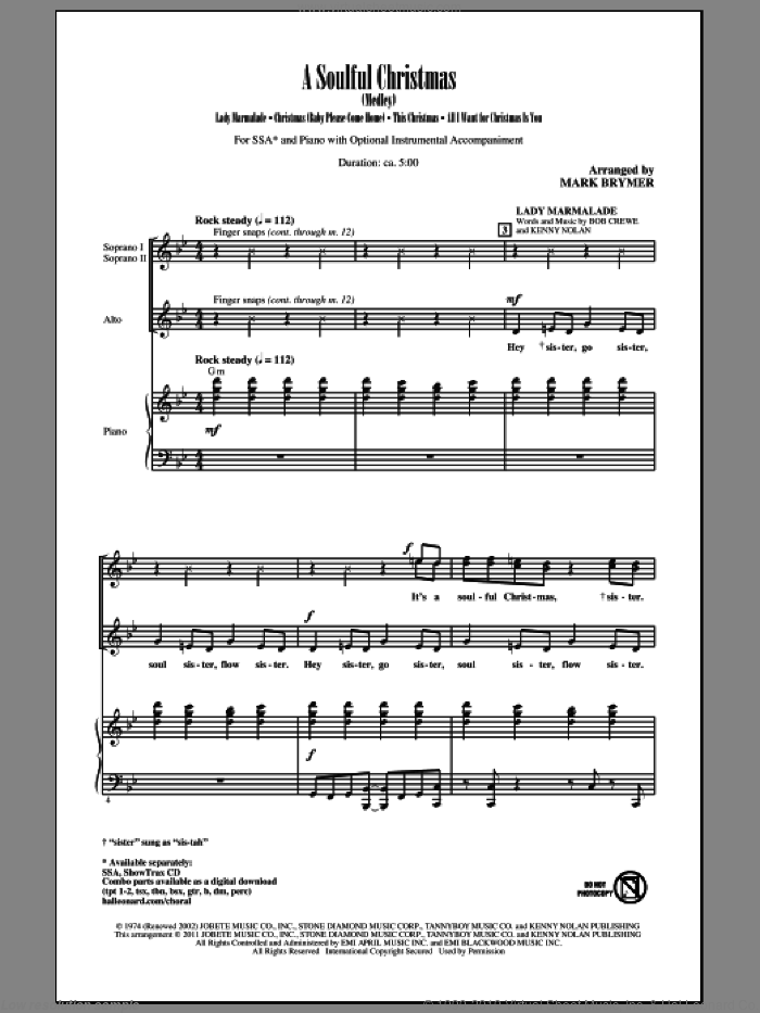 A Soulful Christmas sheet music for choir (SSA: soprano, alto) by Mark Brymer, Mariah Carey and Walter Afanasieff, intermediate skill level