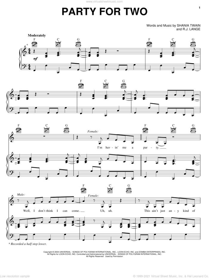 Party For Two sheet music for voice, piano or guitar by Shania Twain, Billy Currington, Mark McGrath and Robert John Lange, intermediate skill level