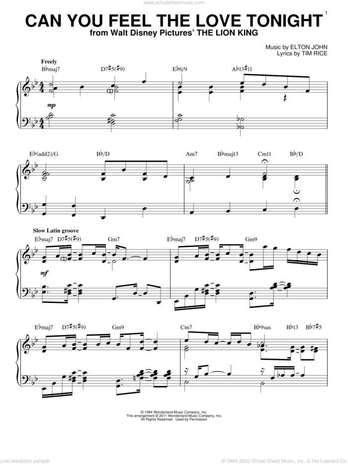 Can You Feel The Love Tonight [Jazz version] (from The Lion King) (arr. Brent Edstrom) sheet music for piano solo by Elton John and Tim Rice, intermediate skill level