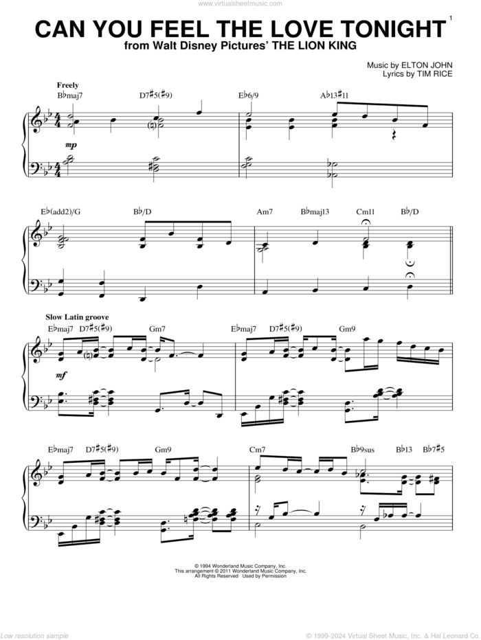 Can You Feel The Love Tonight [Jazz version] (from The Lion King) (arr. Brent Edstrom) sheet music for piano solo by Elton John and Tim Rice, wedding score, intermediate skill level