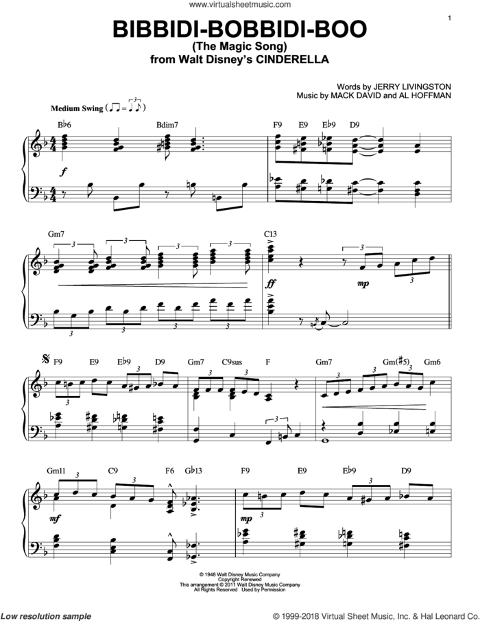 Bibbidi-Bobbidi-Boo (The Magic Song) (from Cinderella) [Jazz version] (arr. Brent Edstrom) sheet music for piano solo by Verna Felton, Al Hoffman, Jerry Livingston and Mack David, intermediate skill level