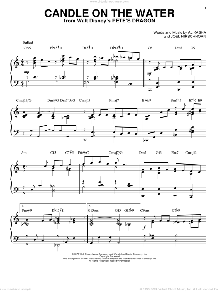 Candle On The Water (from Pete's Dragon) [Jazz version] (arr. Brent Edstrom) sheet music for piano solo by Helen Reddy, Al Kasha and Joel Hirschhorn, wedding score, intermediate skill level