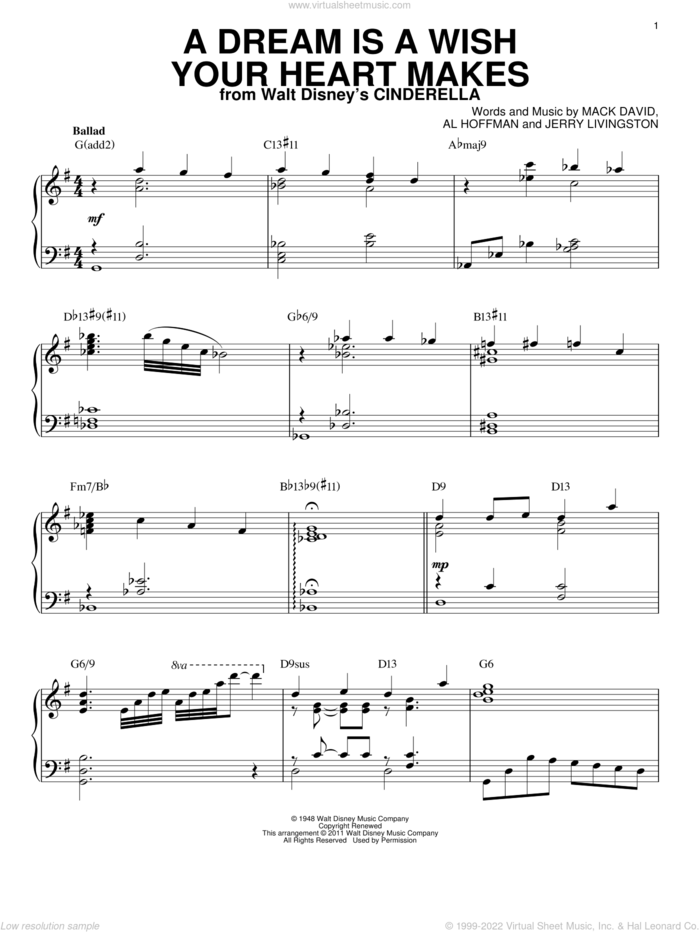 A Dream Is A Wish Your Heart Makes [Jazz version] (arr. Brent Edstrom) sheet music for piano solo by Al Hoffman, Ilene Woods, Linda Ronstadt, Jerry Livingston and Mack David, wedding score, intermediate skill level