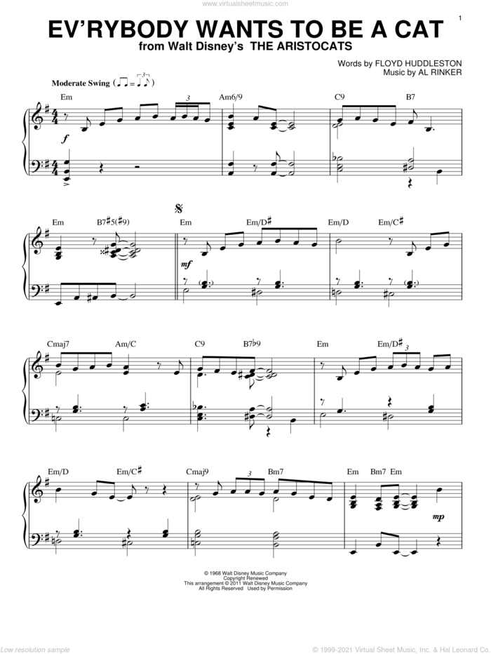 Ev'rybody Wants To Be A Cat [Jazz version] (arr. Brent Edstrom) sheet music for piano solo by Al Rinker and Floyd Huddleston, intermediate skill level