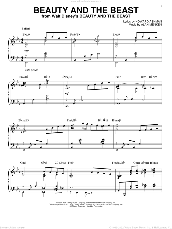 Beauty And The Beast [Jazz version] (arr. Brent Edstrom) sheet music for piano solo by Alan Menken, Celine Dion & Peabo Bryson and Howard Ashman, intermediate skill level