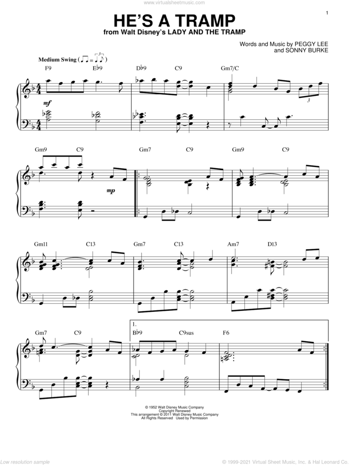 He's A Tramp [Jazz version] (from Lady And The Tramp) (arr. Brent Edstrom) sheet music for piano solo by Peggy Lee and Sonny Burke, intermediate skill level