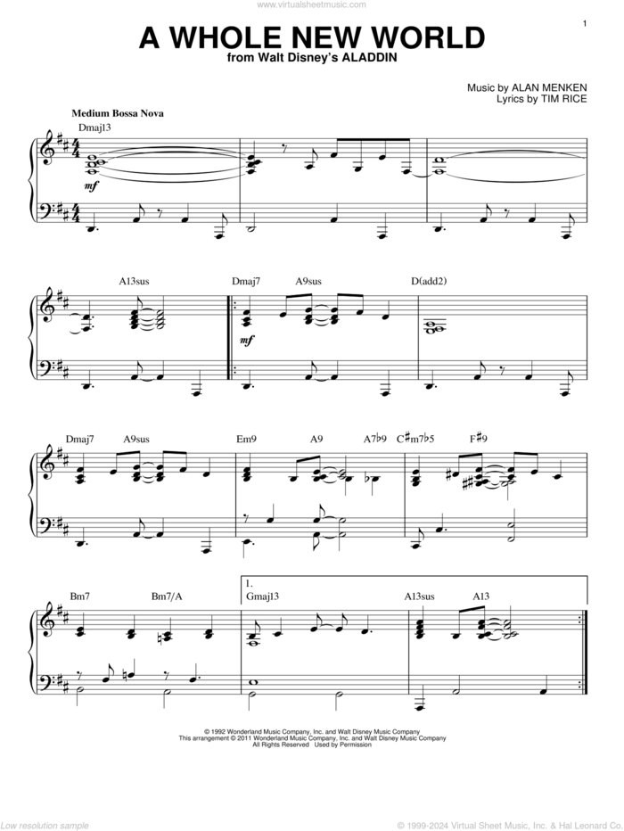 Menken A Whole New World Jazz Version From Disney S Aladdin Arr Brent Edstrom Sheet Music For Piano Solo