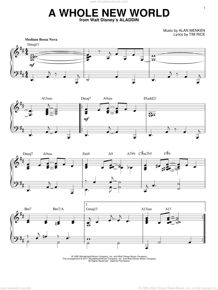 A Whole New World [Jazz version] (from Aladdin) (arr. Brent Edstrom) sheet music for piano solo by Alan Menken, Alan Menken & Tim Rice and Tim Rice, wedding score, intermediate skill level