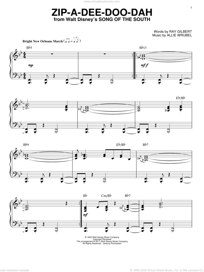 Zip-A-Dee-Doo-Dah (from Song Of The South) [Jazz version] (arr. Brent Edstrom) sheet music for piano solo by Ray Gilbert, James Baskett and Allie Wrubel, intermediate skill level