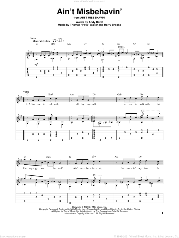 Ain't Misbehavin' sheet music for guitar solo by Andy Razaf, Hank Williams, Jr., Harry Brooks and Thomas Waller, intermediate skill level