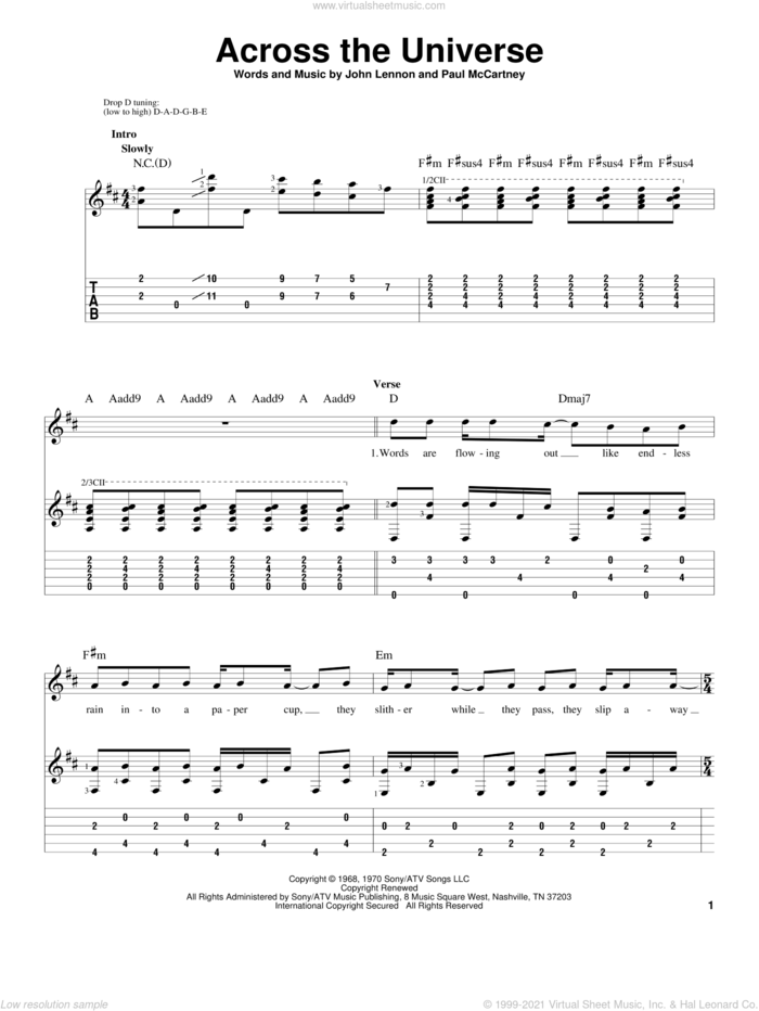 Across The Universe sheet music for guitar solo by The Beatles, John Lennon and Paul McCartney, intermediate skill level