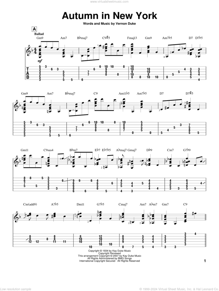 Autumn In New York sheet music for guitar solo by Vernon Duke, Jeff Arnold, Bud Powell and Jo Stafford, intermediate skill level