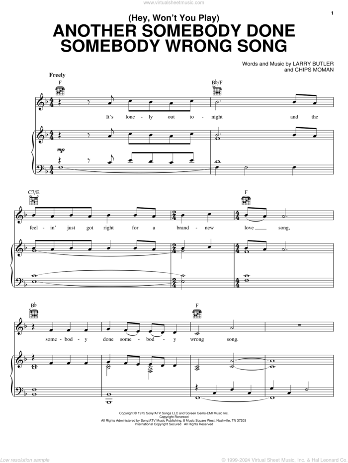 (Hey, Won't You Play) Another Somebody Done Somebody Wrong Song sheet music for voice, piano or guitar by B.J. Thomas, Chips Moman and Larry Butler, intermediate skill level