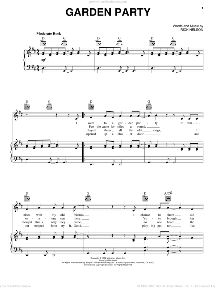 Garden Party sheet music for voice, piano or guitar by Ricky Nelson, intermediate skill level