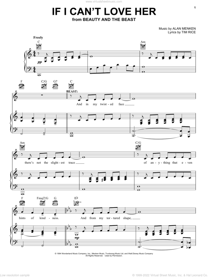 If I Can't Love Her (from Beauty And The Beast: The Musical) sheet music for voice, piano or guitar by Alan Menken, Beauty And The Beast, Alan Menken & Tim Rice and Tim Rice, intermediate skill level