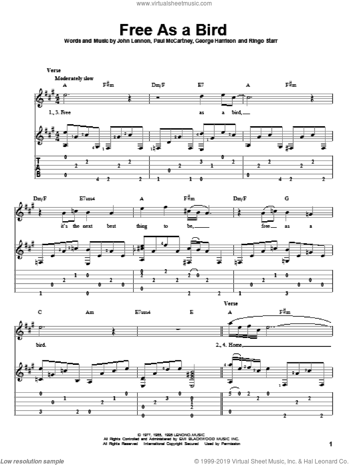 Free As A Bird sheet music for guitar solo by The Beatles and John Lennon, intermediate skill level