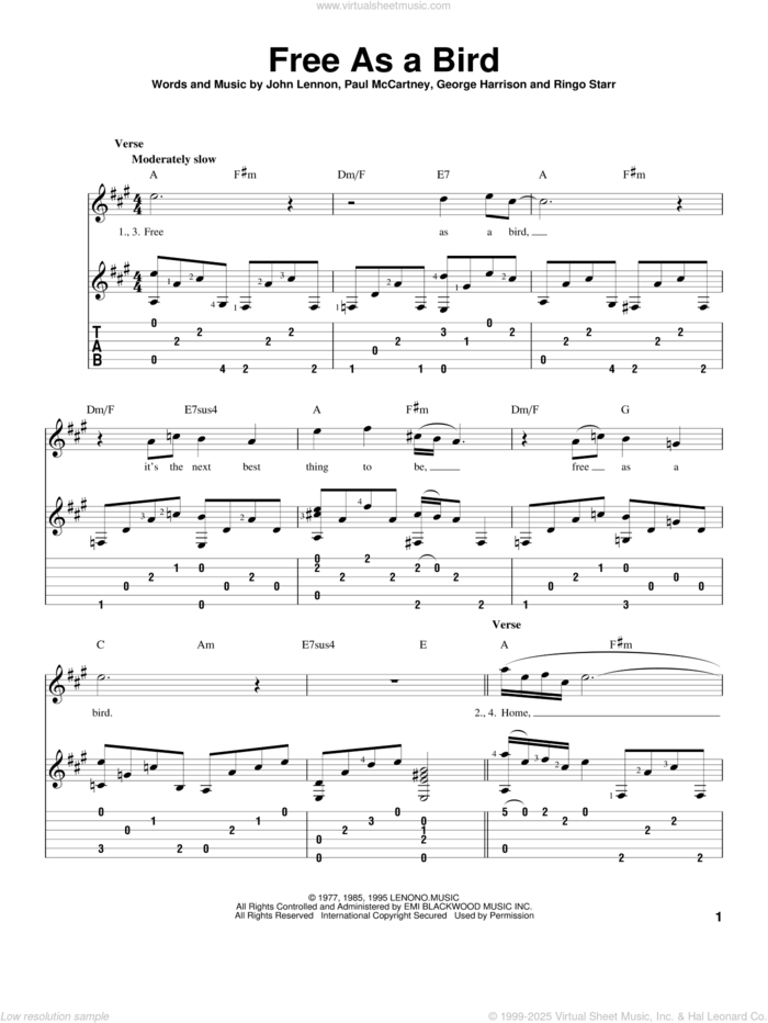 Free As A Bird sheet music for guitar solo by The Beatles and John Lennon, intermediate skill level